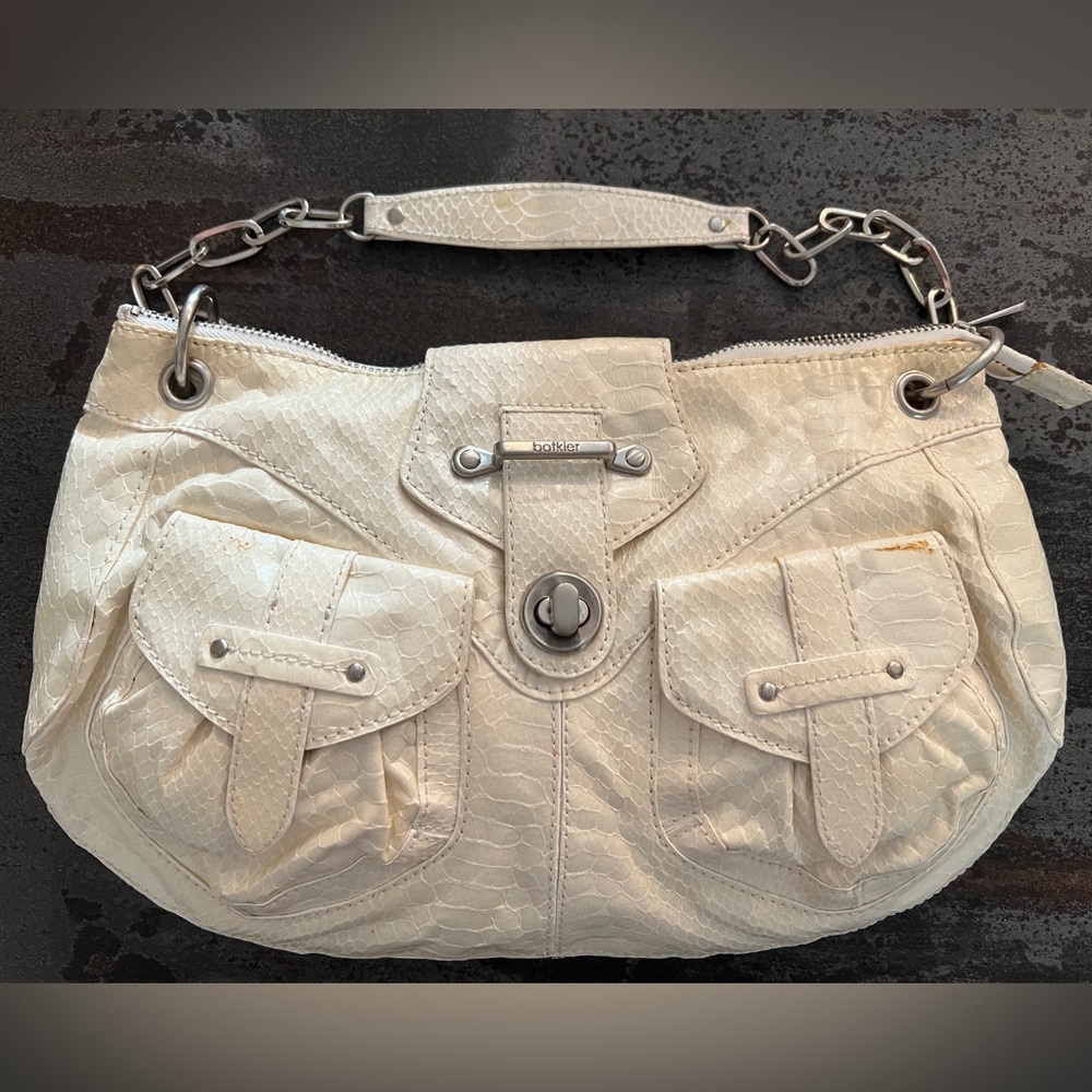 🤍🩶🐍👜BOTKIER White Ecru Python Skin Chain Strap Purse Bag NWT